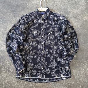 Georg Roth Pearl Snap Shirt Mens L Black Embroidered Western Floral Retro